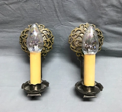 Vintage Pair Brass Interior Wall Sconces Decorative Light Fixtures Old 1901-22B Cover