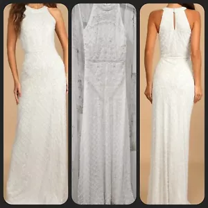 LULUS LUXE All the Romance Maxikleid weiß Perlen Pailletten Neckholder Meerjungfrau Größe XS - Bild 1 von 16