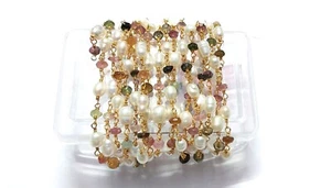 Natural Tourmaline Rondelle 4-4.5mm, Pearl 3x5mm Beads Gold Wire Chain 5 Feet - Picture 1 of 8