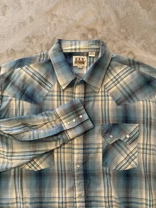 ELY Cattleman Western Shirt Mens XL Blue Plaid Pearl Snap Sawtooth Pocket Cowboy - Picture 1 of 8