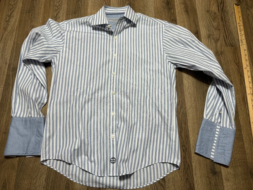 Camisa Marc New York Para Hombre 15 32/33 Azul Blanco Rayas Abotonada Ajuste Auténtico Foto 1 de 4