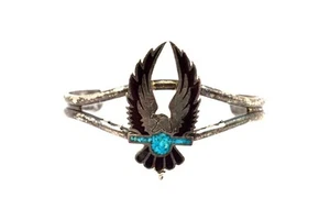 Bracciale Vintage Navajo G&S Aquila Turchese Chip Intarsiato Sud Ovest - Patina - Foto 1 di 9