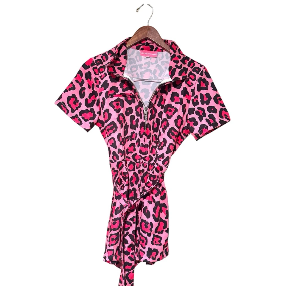 Mameluco Disco Brillo Niño Estampado Leopardo Manga Corta Cinturón Rosa Talla Mediana Foto 1 de 4