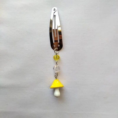 Yellow Mushroom Beaded Hair Clip Barrette Linear Dangle Handmade Cottagecore - Image 1 of 3