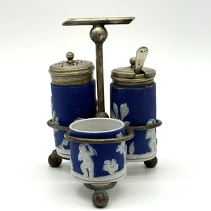 Dudson Brothers Of Hanley Jasperware Cruet Set Marcato, Blu Made In England Raro - Foto 1 di 15