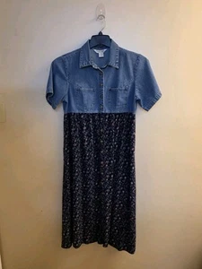 Cherokee langes Denim-Kleid mit Blumenmuster und Knöpfen Large Y2K blau marine - Bild 1 von 9