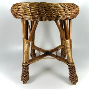 Vintage Mid Century Wicker Rattan Vanity Foot Stool Round Seat Plant Stand - Picture 1 of 14