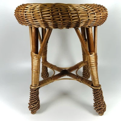 Vintage Mid Century Wicker Rattan Vanity Foot Stool Round Seat Plant Stand - Image 1 of 4