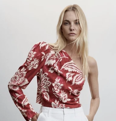 BNWT MANGO red floral print asymmetric 1 shoulder printed blouse top size M 10  - Image 1 of 4