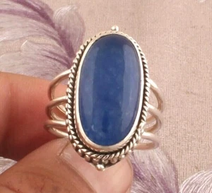925 Sterling Silver Three Layer Wedding Jewelry Blue Jade Oval Gemstone Ring - Picture 1 of 8