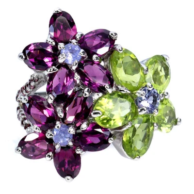 Summer 925 Silver Ring Oval Peridot Rhodolite Tanzanite Natural Gemstone Jewel - Image 1 of 4