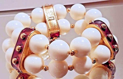 OFF WHITE BRACCIALE firmato YVES SAINT LAURENT YSL Paris Runway romano elastico perline perle vintage