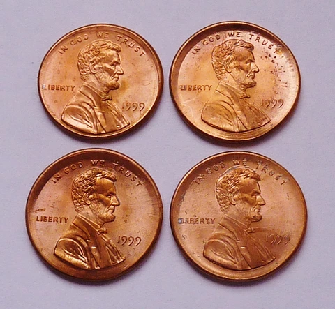 ERROR!!  BROADSTRIKE!! LOT OF 4 - 1999-P LINCOLN PENNY ~ UNCIRCULATED CONDITION Cover