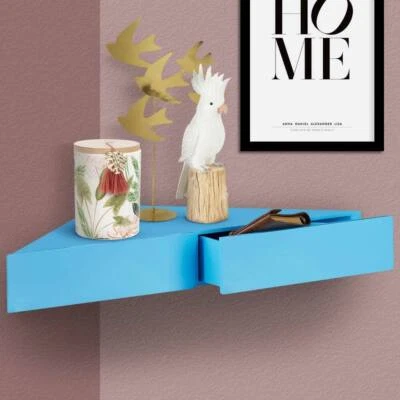 Mensola Doppio Cassetto Angolo Sospeso Parete Scaffale Angolare Legno MDF Blu - Immagine 1 di 4