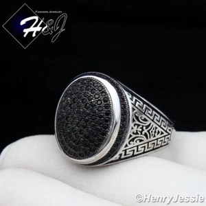 925 STERLING SILVER BLACK PLATED/SILVER CUBIC ZIRCONIA GREEK KEY OVAL RING*SR73 - Picture 1 of 4