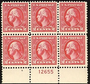 US Washington 1920 2 Cent 528B MH Plate Block of 6 with Unique Ink Line - Picture 1 of 3