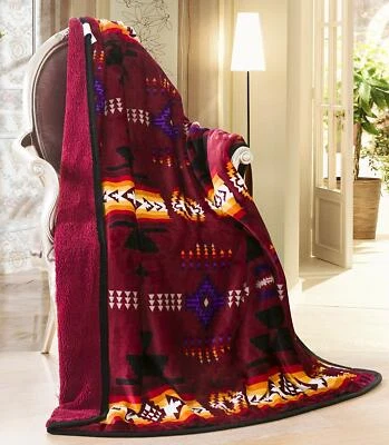 NU TRENDZ Navajo Print Burguandy Throw Blanket Sherpa Southwest Native American Indian