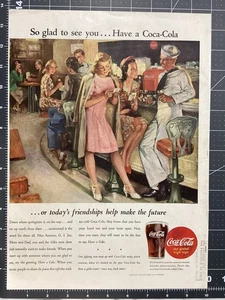 Anuncio impreso vintage de Coca-Cola Soda Pop 1945 "Muy contento de verte... tienes una Coca-Cola" - Imagen 1 de 1