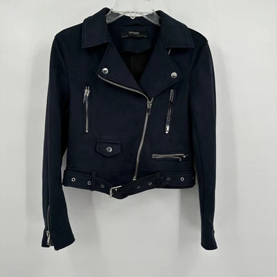 Zara Womens Moto Jacket Size S Navy Biker Zippers Buckle Grunge Edgy Rocker  - Image 1 of 4