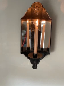 Vintage HOMCO Mirrored Black Metal Paneled Mirror Wall Sconce Candle Holder - Picture 1 of 14