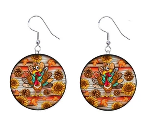 Autumn Turkey Thanksgiving Button Earrings Jewelry 1" Dangle MADE IN USA - NEW - Picture 1 of 4