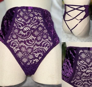 Nuevo Tanga Terciopelo Tirantes Espalda en T Corte Alto Sin Entrepierna Tanga Púrpura Encaje 2X 2XL - Imagen 1 de 12