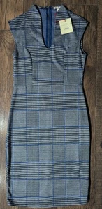 Rolla Coster Women's Blue & Black Herringbone Plaid Sheath Dress Print Sz L NWT - Picture 1 of 15