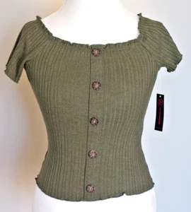 No Boundaries RIB Off-Shoulder Short Sleeve Top Buttons Accent, Olive Green, NWT - Picture 1 of 8