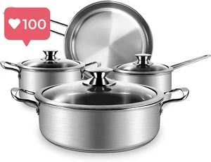 7 Pcs Stainless Steel Kitchen Cookware Pots & Pans, Glass Lids, Stay-Cool Handle - Picture 1 of 12