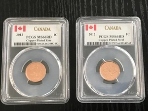2012 CANADA CENT PCGS MS66 RD ZINC & STEEL TWO COIN SET LAST YEAR RARE - Picture 1 of 2