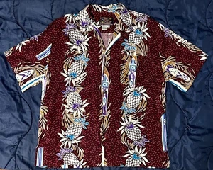 Original Hawaiian Shirt By Basix Large Surfboards Pineapples Rayon Red White - Picture 1 of 4