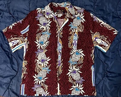 Original Hawaiian Shirt By Basix Large  Surfboards Pineapples Rayon Red White - Image 1 of 4
