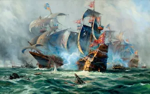 Mejor Regalo Decoración del Hogar Barco Batalla Naval Pintura al Óleo Imagen Impresa en Lienzo V - Imagen 1 de 2
