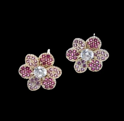 925 Sterling Silver Ruby Cluster Flower 1/2'' Earrings Gemstone - Image 1 of 2
