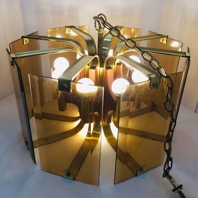 Lámpara de araña moderna Mid Century de 8 brazos 17 luces ámbar vidrio ahumado roble latón de colección Foto 1 de 4