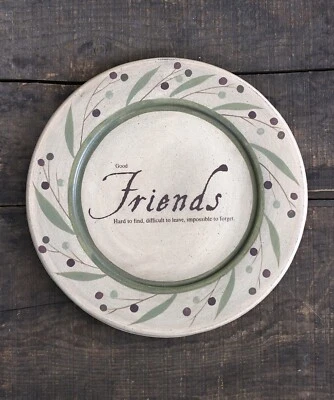 Decorative Wood Plate Friends Quote Ivory with Berry Vine Primitive Decor 9.5 in - Image 1 of 2