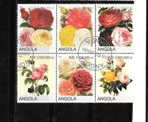 ANGOLA 2000 ROSES FLOWERS BLOCK OF 6 USED RECENT CTO STAMP - Picture 1 of 1