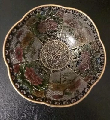 Antiguo cuenco de vidrio chino oriental plique A Jour con caja de flores Foto 1 de 2