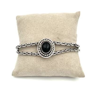 Pulsera bizantina de 7,75" con dije de ónix negro de piedras preciosas de diseñador de plata de ley 925 Foto 1 de 4