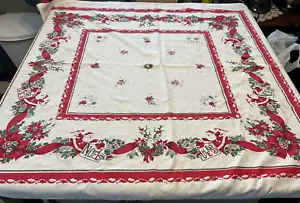 VINTAGE CHRISTMAS TABLECLOTH, 50" x 44" Santa, Red, Green, Faded Black - Picture 1 of 13