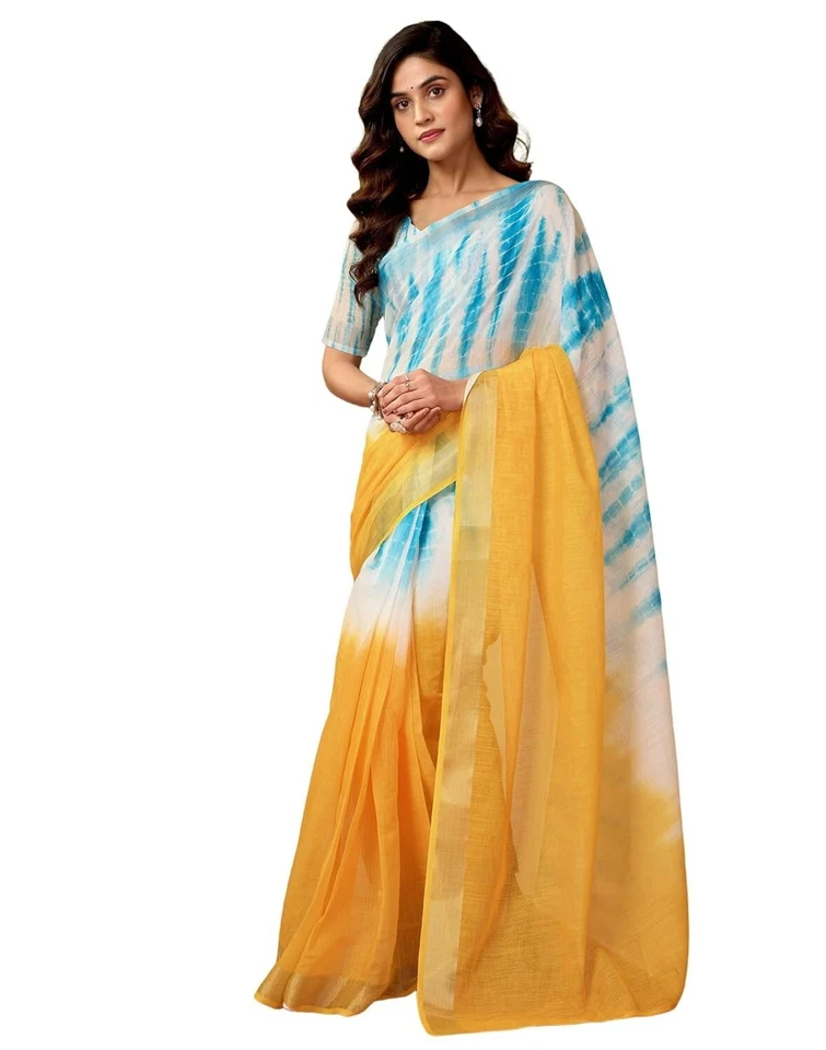 Sari listo para usar estampado de lino de algodón para mujer de 1 minuto Foto 1 de 1