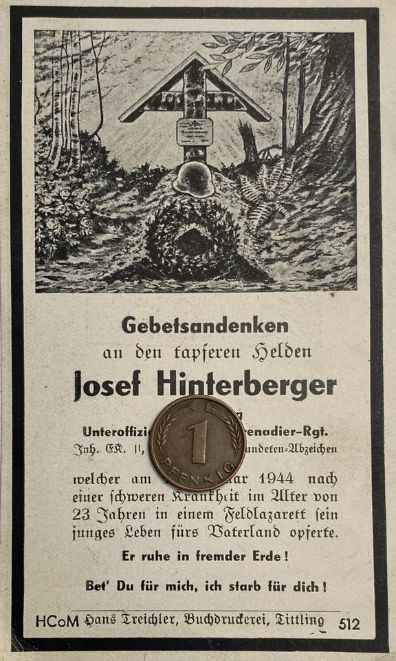 Sterbebild Totenzettel WK2 Josef Hinterberger Pirking Tittling   (STB21) - Bild 1 von 1