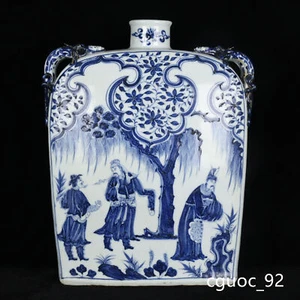 Jarrón de cuatro orejas 14,9" histórico dinastía yuan porcelana azul blanco personaje historia - Imagen 1 de 9