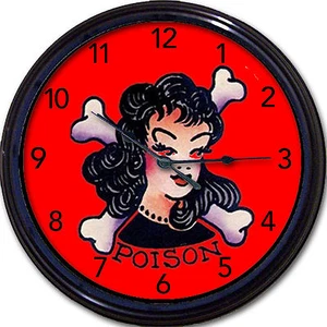 Tattoo Poison Tat Parlor Palour Old School cross bones Wall Clock Man Cave New - Picture 1 of 1