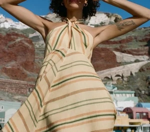 ZARA multicolored Striped Linen Blend Halter Mini Dress Size Small - Picture 1 of 7