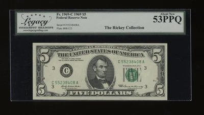 DBR 1969 $5 FRN Philadelphia Fr. 1969-C Legacy 53 PPQ Serial C55238408A - Image 1 of 2