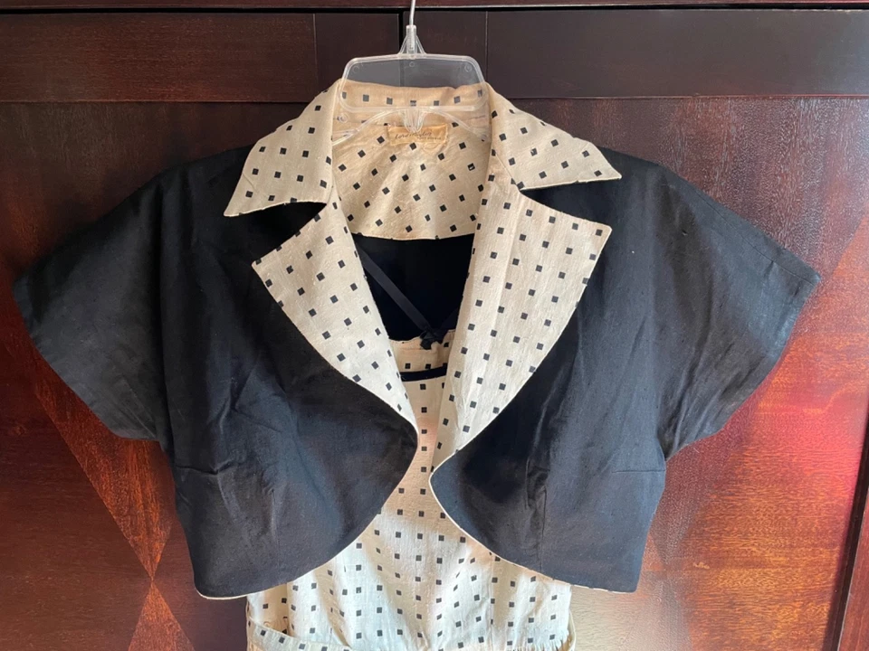 1950 Lord & Taylor 2pc Summer Dress + Bolero Jacket Nubby Cotton Black Off-White - Image 1 of 4