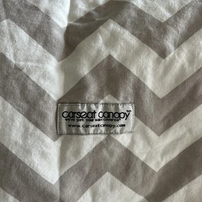 Car Seat Canopy Cover Grey White Chevron Infant Baby Loop Closure Button Used - Image 1 of 4