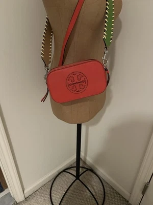 Tori Burch Orange Dbl Zip Detach Green 1.5"W Strap Crossbody Organge Slim Strap - Image 1 of 4