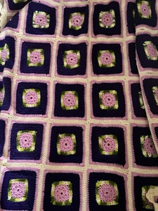 Vintage Crochet Afghan Blanket 3D Flowers Purple, Pink Granny Squares 74” X 113” - Picture 1 of 5